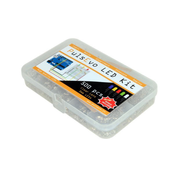 PulsEvo 5mm Clear Lens LED Assortment Kit With Bonus Resistor Pack - 500 pcs