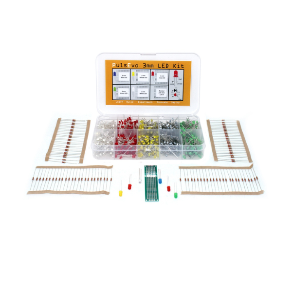 PulsEvo 3mm Diffused LED(500 Pcs) Assortment Kit With Bonus PCB And 220 Ohm Resistors